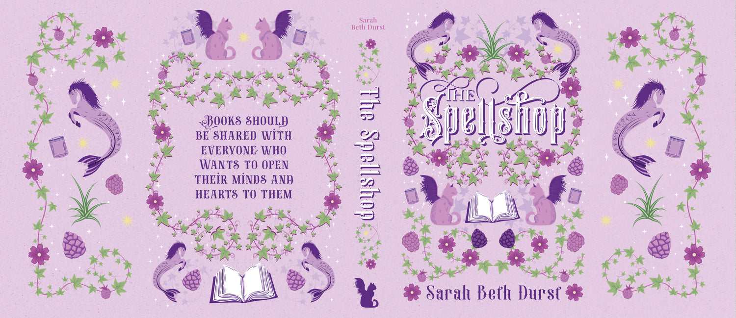 Illustration and design for a special edition dust jacket for OwlCrate, The SpellShop by Sarah Beth Durst