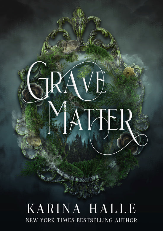 Grave Matter special edition book cover artwork with a eerie pacific northwestern forest setting and fungi within an ornate frame